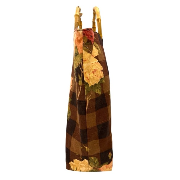Cynthia Hart Los Angeles Floral Plaid Tote Bag Purse Bamboo Handles Gold Brown - Picture 5 of 14